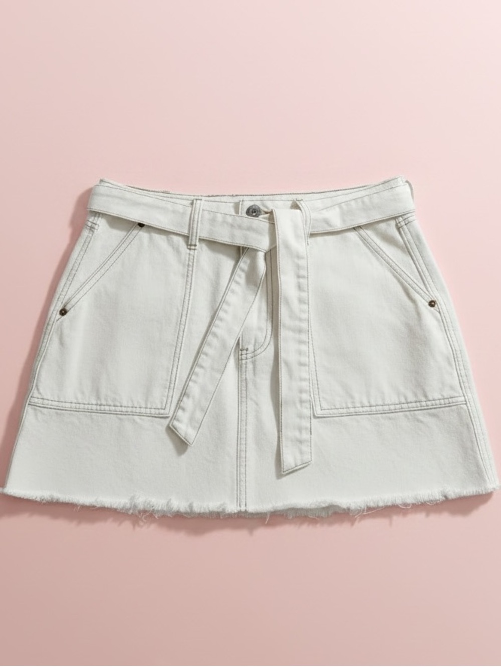 Abercrombie & Fitch Belted White Denim Mini Skirt 100% Cotton Sz 8/29 Festival - Picture 2 of 7